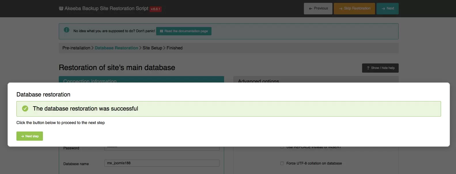 quickstart akeeba database restoration